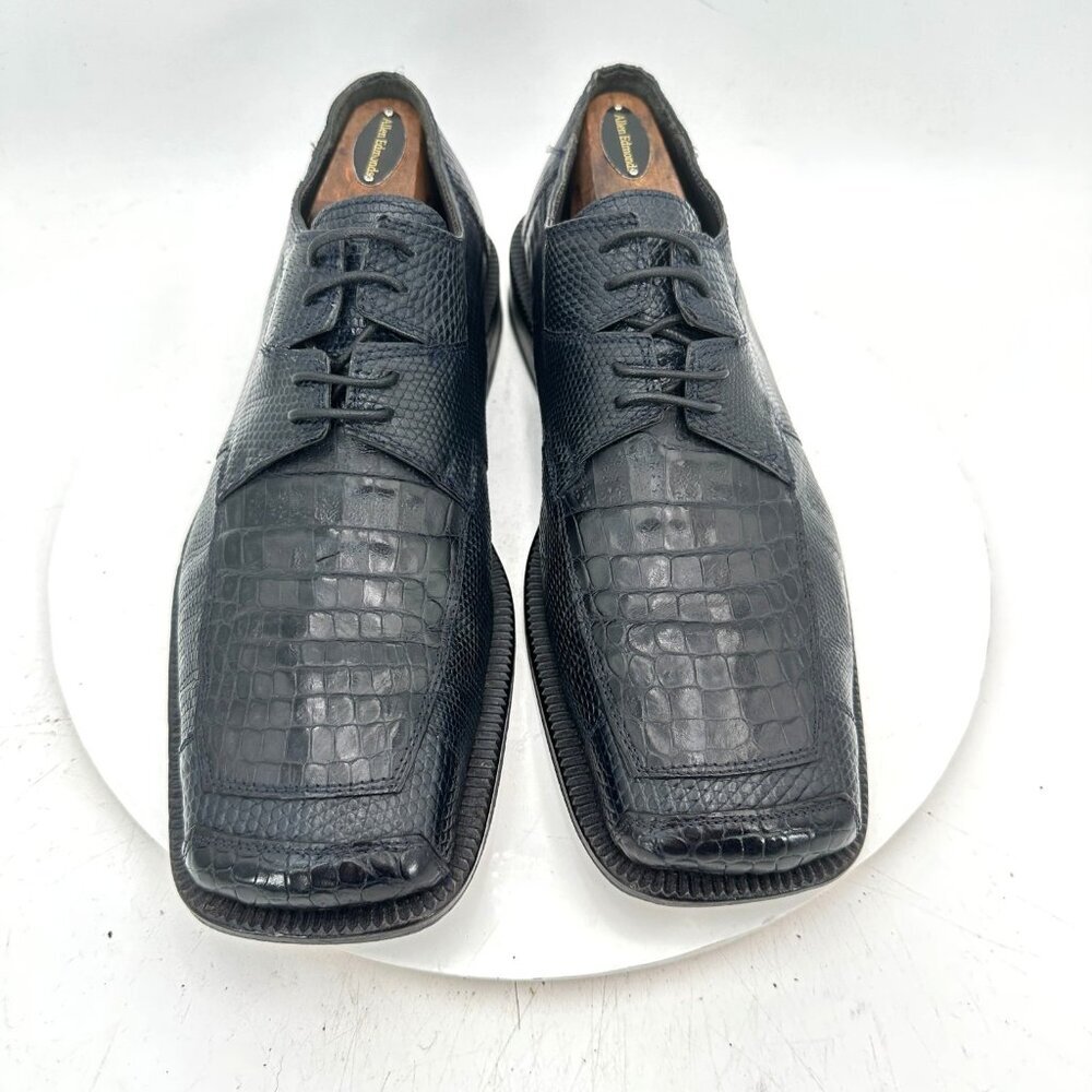 David Eden Men Size 10 Black Lizard Leather Square Toe Derby Dress Shoes